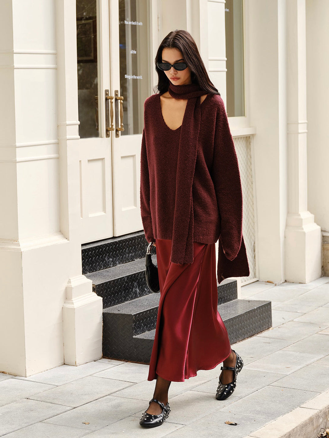 Pull en Laine Mélangée Ample avec Foulard Assorti