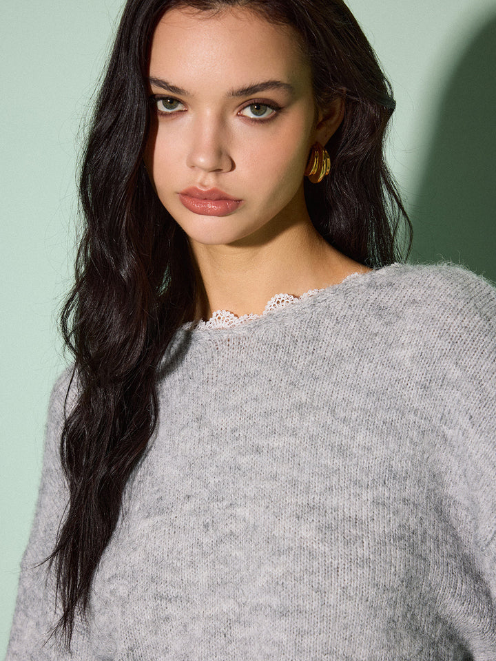 Sweater Drapé à Volants avec Nœud en Dentelle