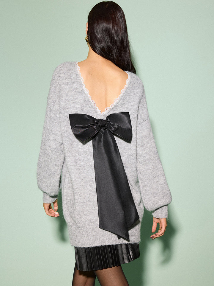 Sweater Drapé à Volants avec Nœud en Dentelle