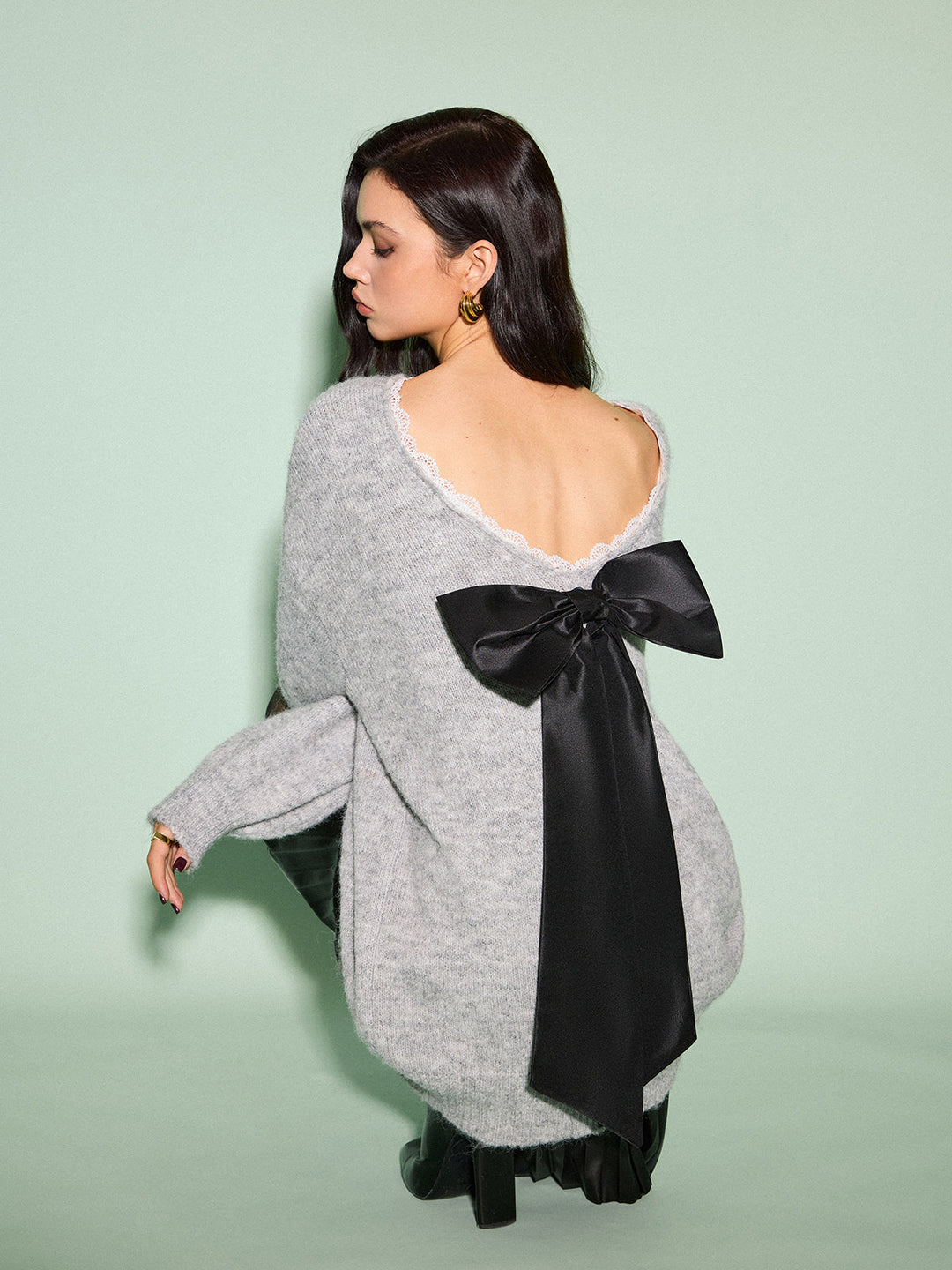 Sweater Drapé à Volants avec Nœud en Dentelle