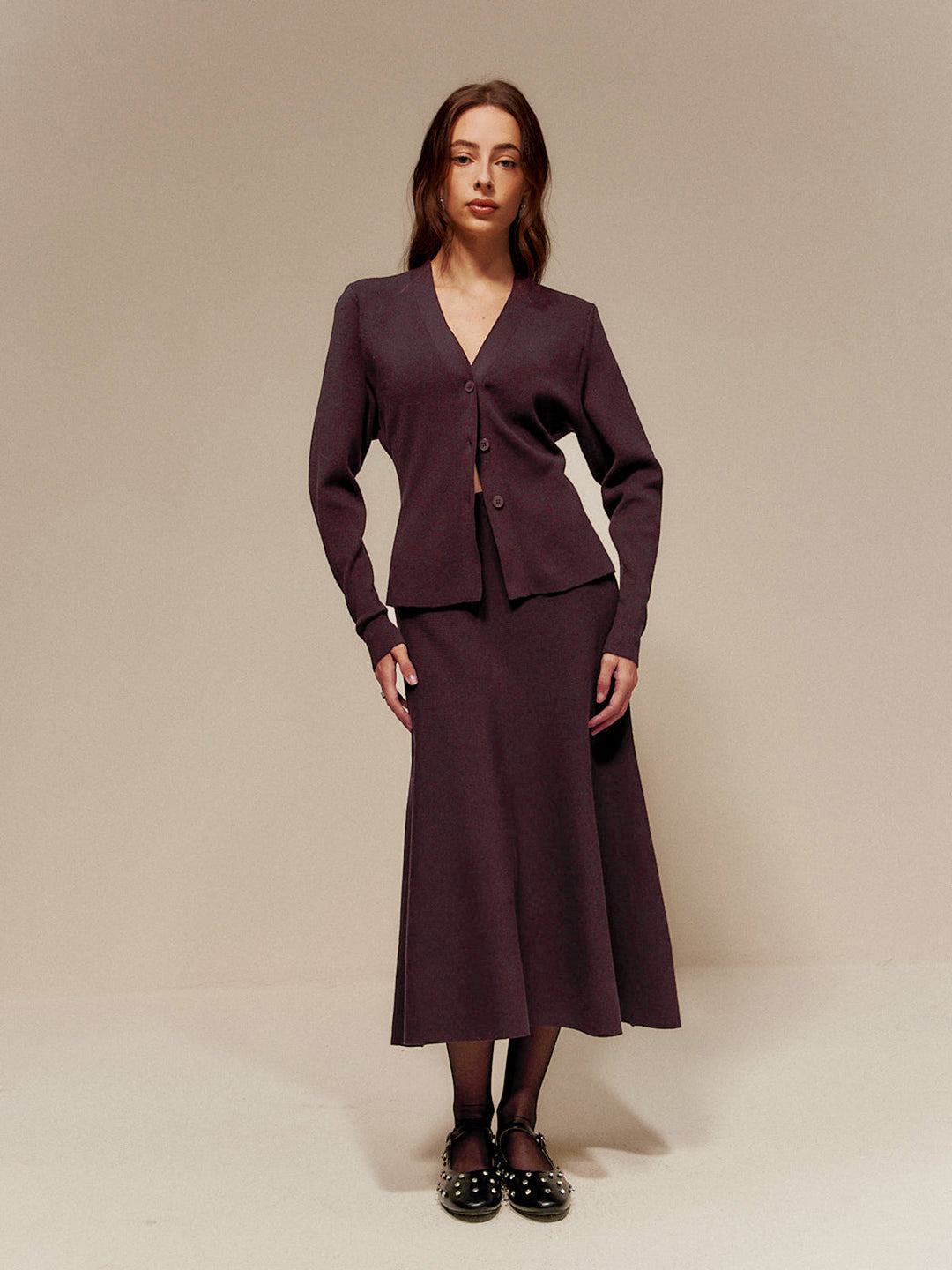 Cardigan Boutonné à Col en V en Mélange de Laine