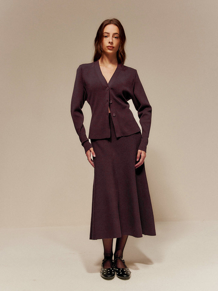 Cardigan Boutonné à Col en V en Mélange de Laine