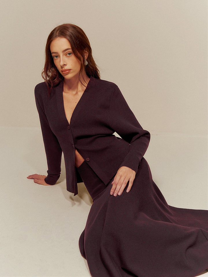 Cardigan Boutonné à Col en V en Mélange de Laine