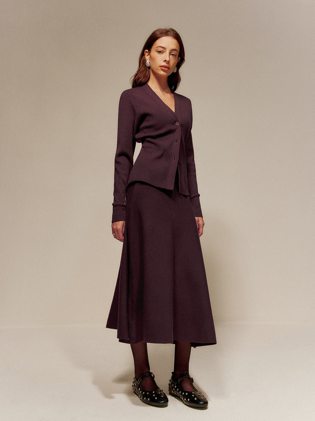 Cardigan Boutonné à Col en V en Mélange de Laine