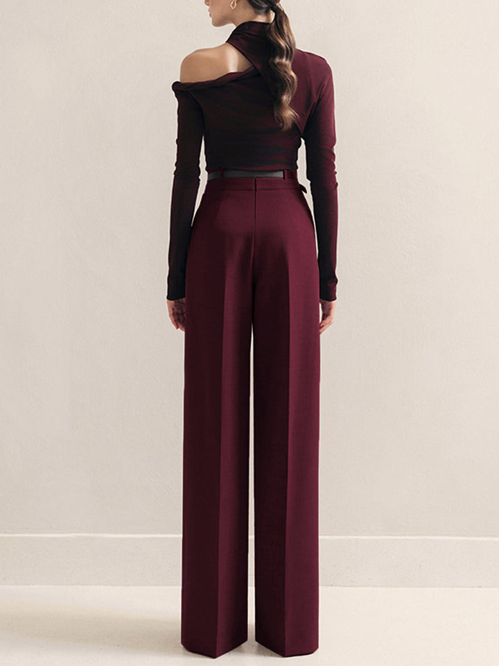 Pantalons taille haute plissés à ceinture en métal