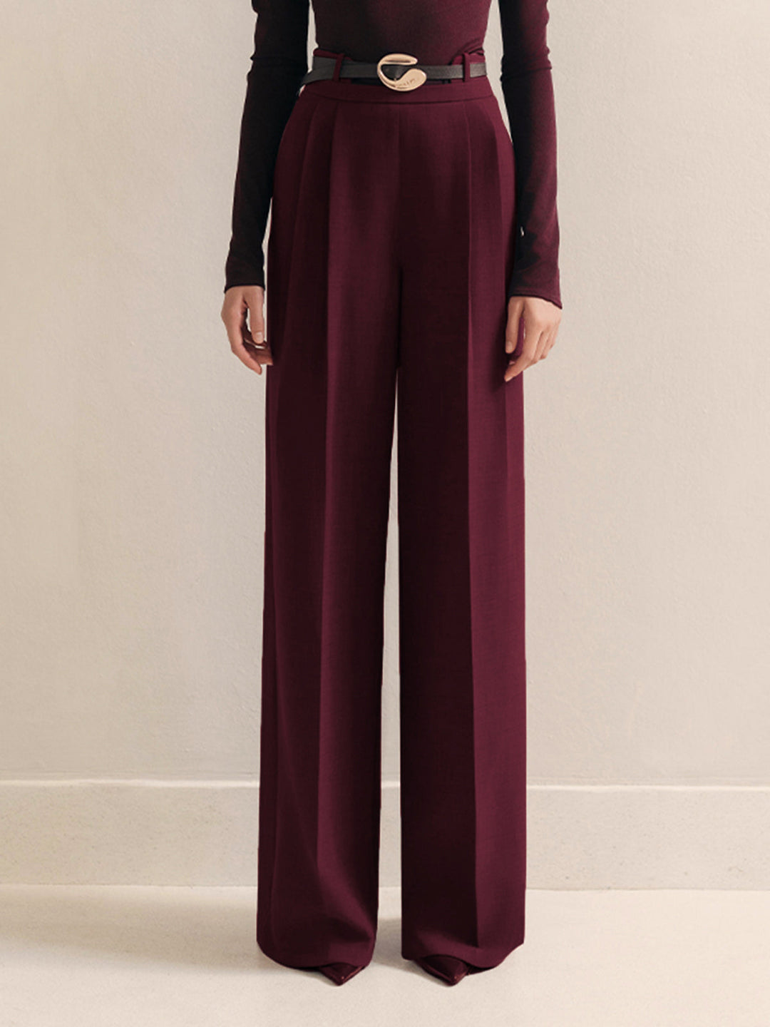 Pantalons taille haute plissés à ceinture en métal