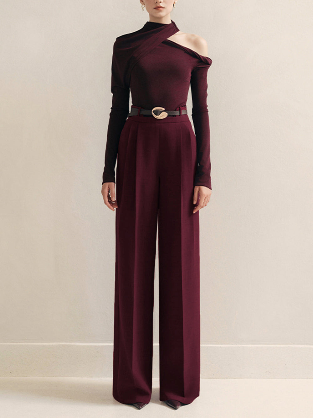 Pantalons taille haute plissés à ceinture en métal