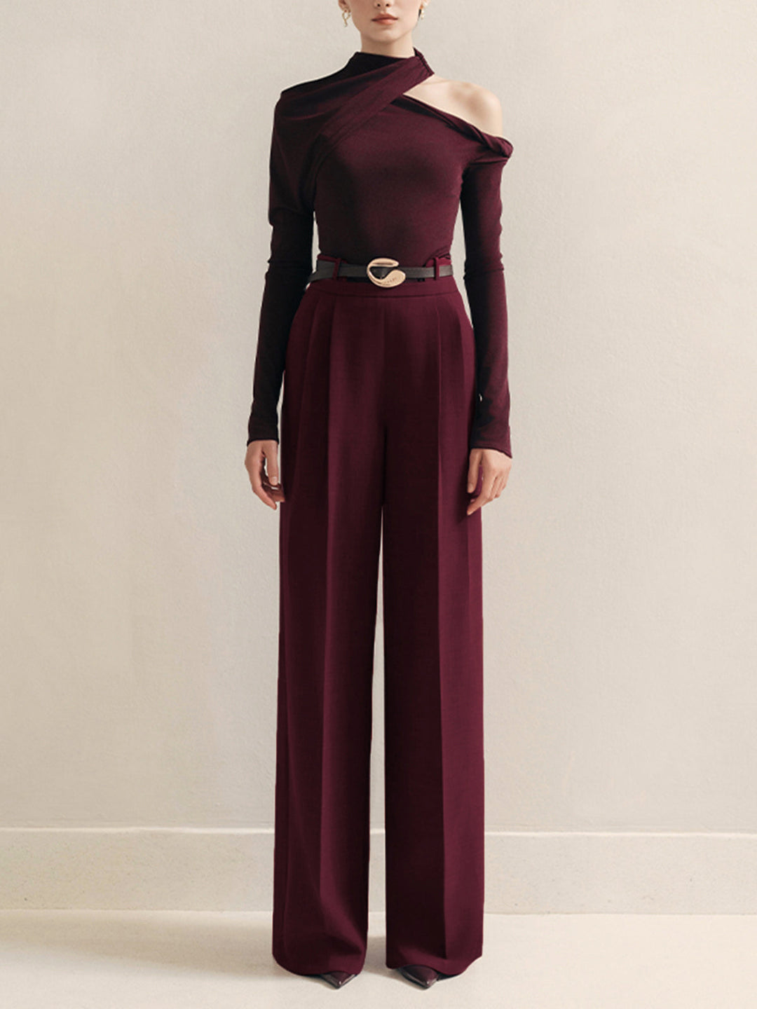 Pantalons taille haute plissés à ceinture en métal