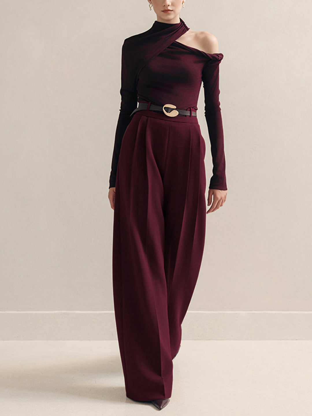 Pantalons taille haute plissés à ceinture en métal