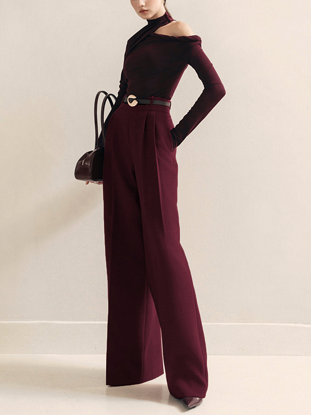 Pantalons taille haute plissés à ceinture en métal