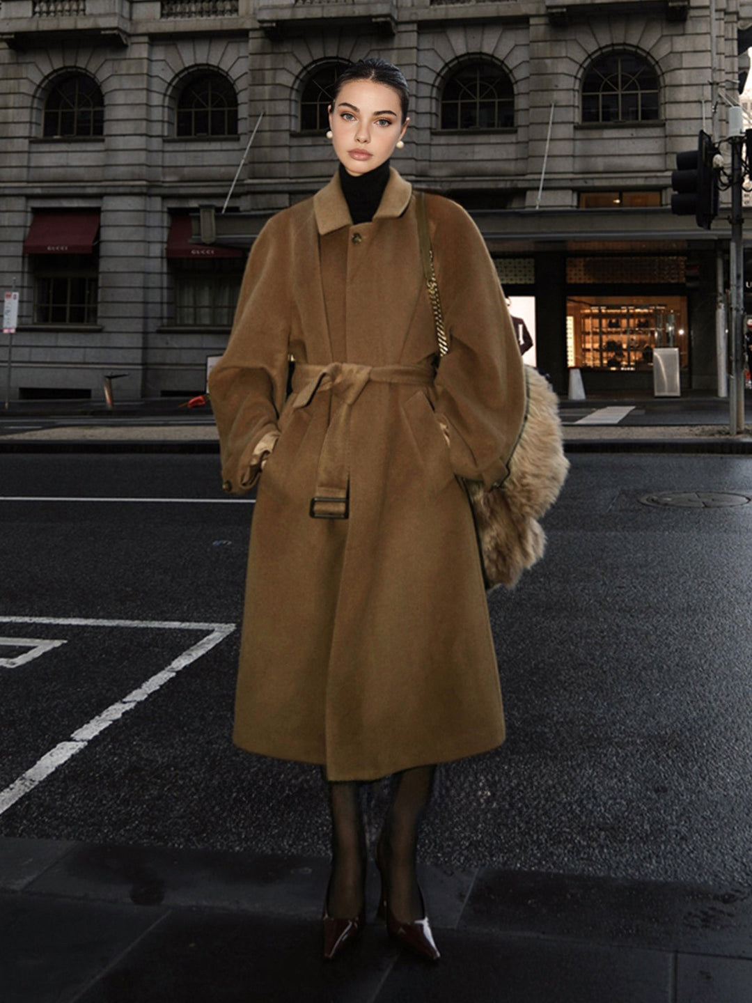 Manteau Long Boutonné à Revers Ceinturé