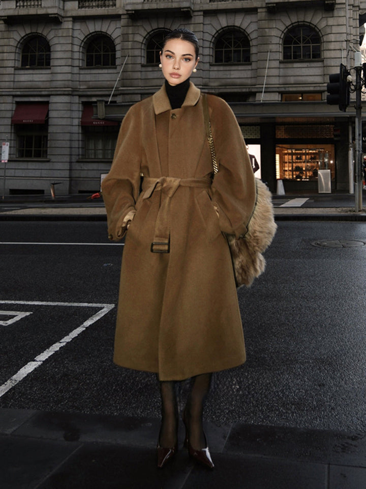 Manteau Long Boutonné à Revers Ceinturé