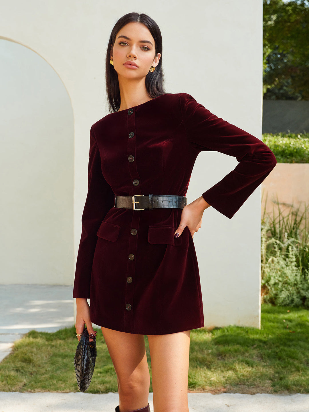Robe Courte en Velours avec Ceinture
