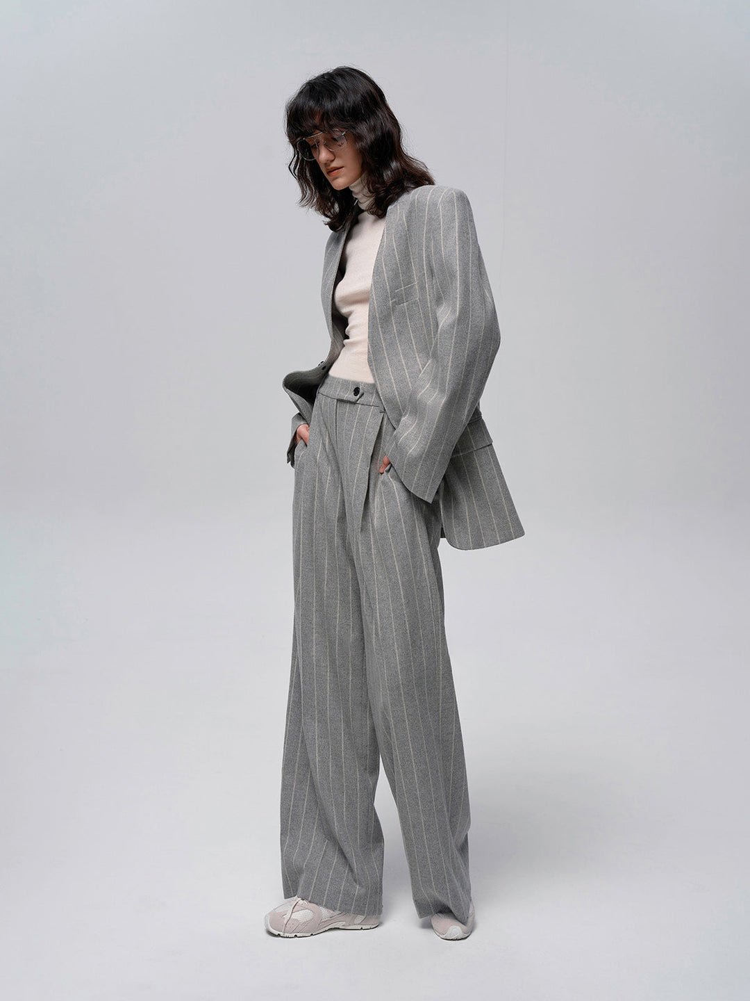Pantalon en tweed à rayures tennis mélangé de laine