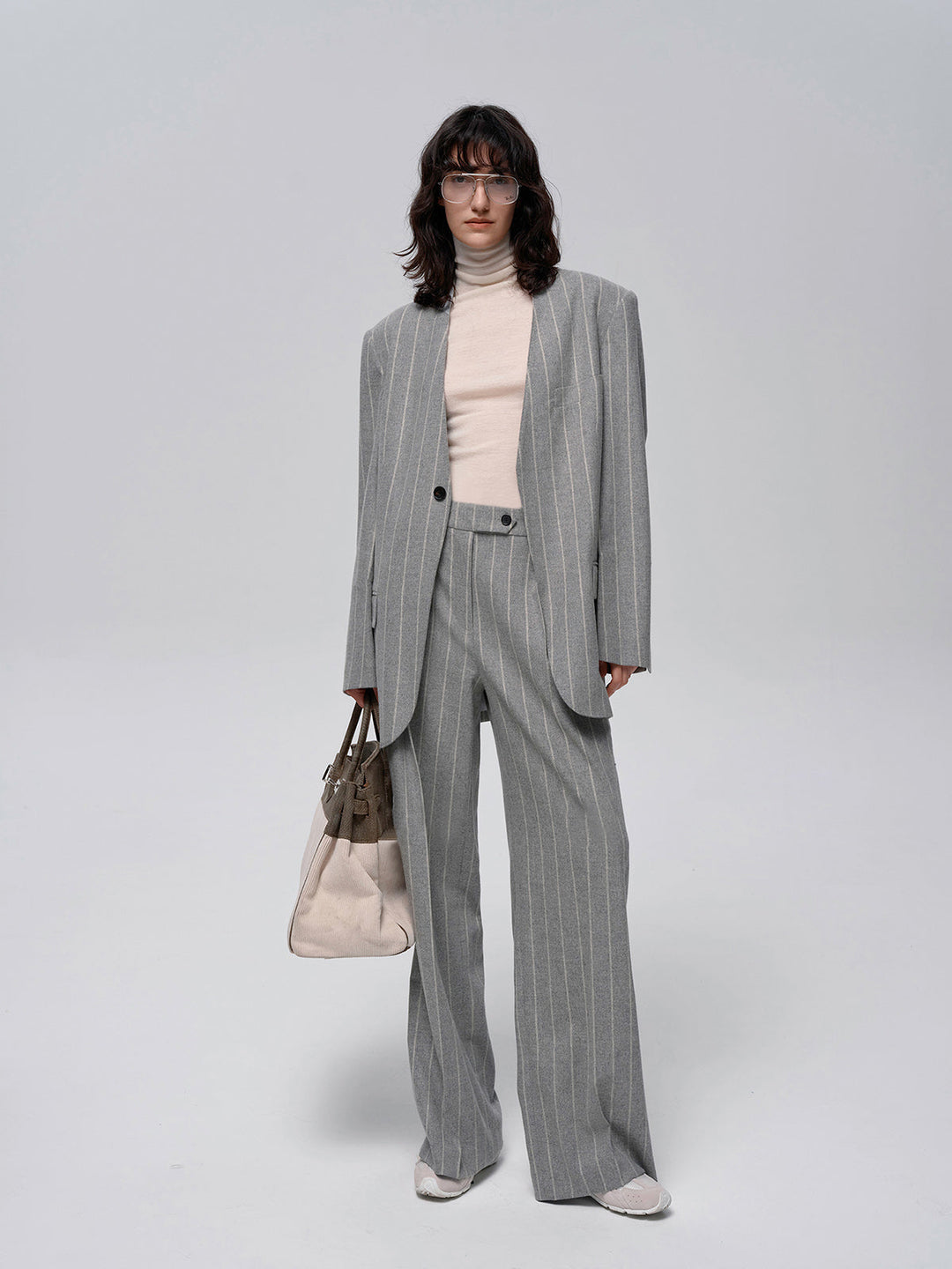 Pantalon en tweed à rayures tennis mélangé de laine