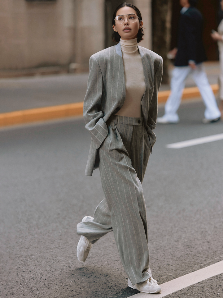 Pantalon en tweed à rayures tennis mélangé de laine