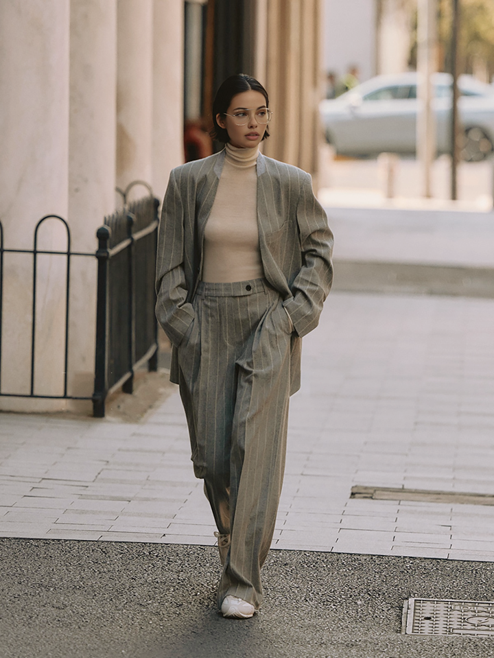 Pantalon en tweed à rayures tennis mélangé de laine