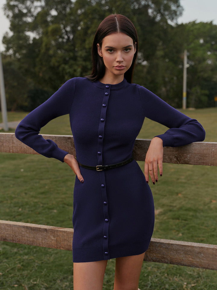 Robe Pull À Boutons et Ceinture, Effet Cache-Hanches