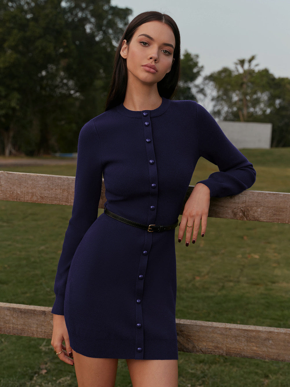 Robe Pull À Boutons et Ceinture, Effet Cache-Hanches