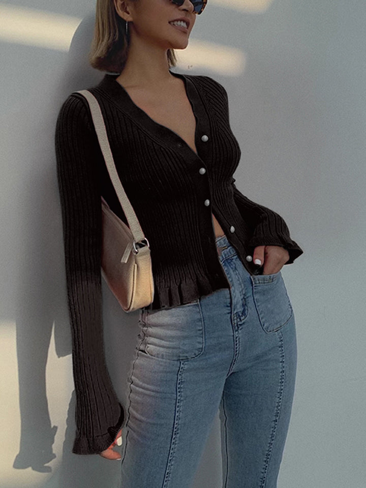 Cardigan Manches Longues à Boutons Perlés et Bordures Volantes