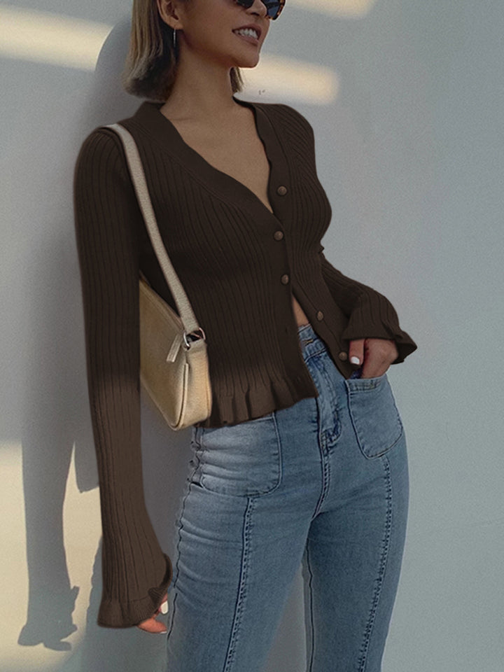 Cardigan Manches Longues à Boutons Perlés et Bordures Volantes