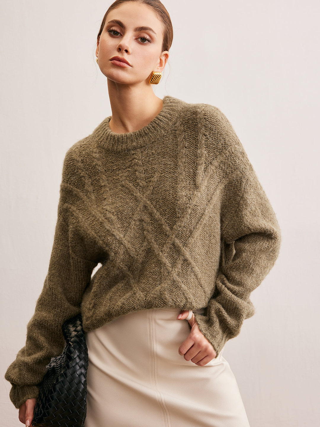 Pull Col en V à torsades en mélange de laine