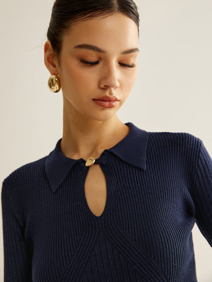 Pull à col polo avec trou de serrure côtelé