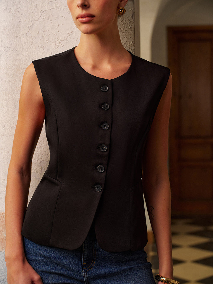 Gilet sans manches à col rond et boutons
