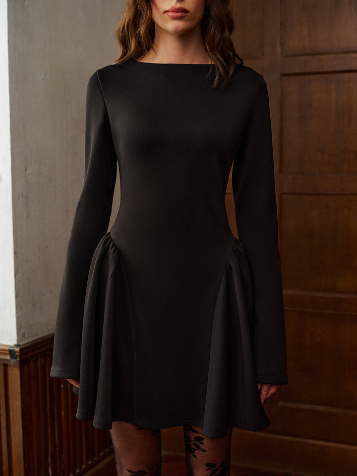 Robe Courte Plissée à Manches Longues Unie