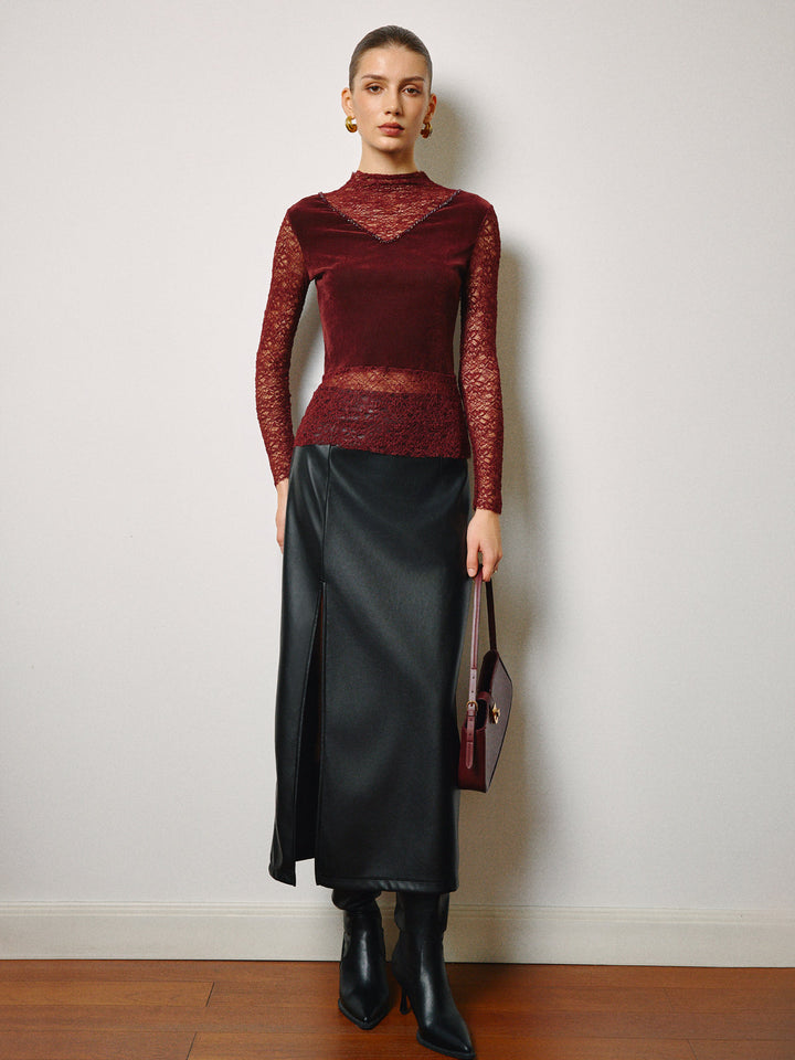 Haut Fin en Velours avec Strass Semi-Transparent et Dentelle