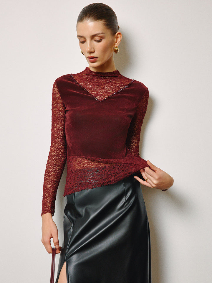 Haut Fin en Velours avec Strass Semi-Transparent et Dentelle