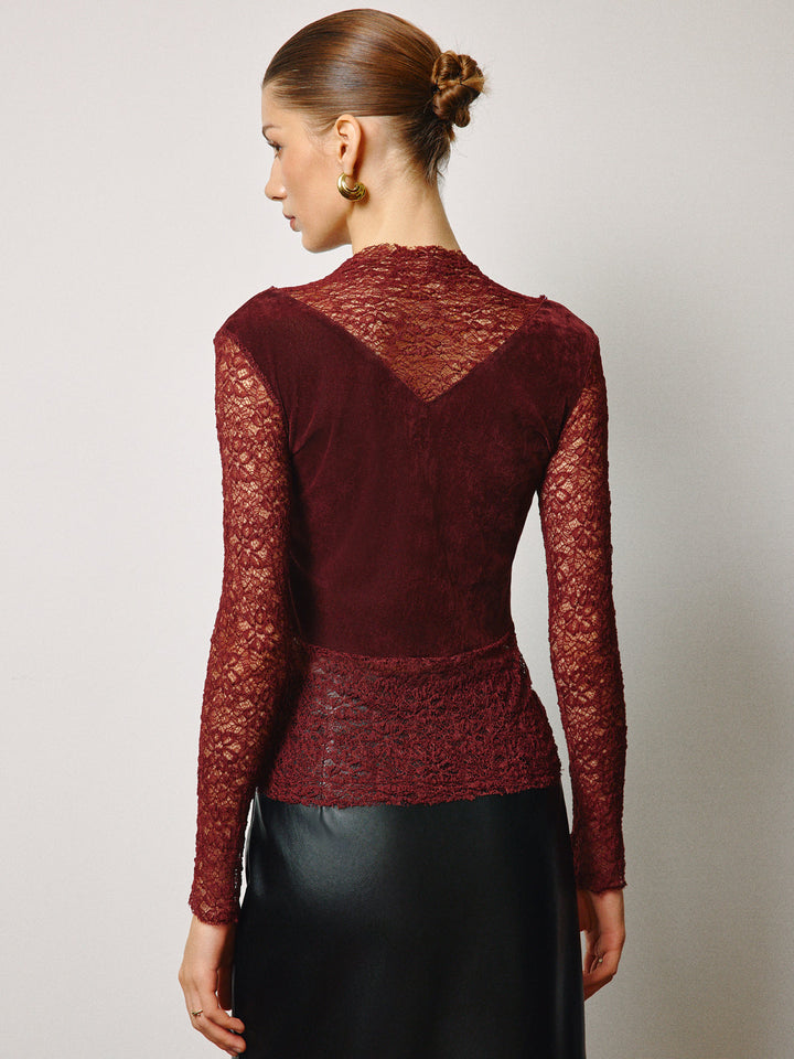 Haut Fin en Velours avec Strass Semi-Transparent et Dentelle