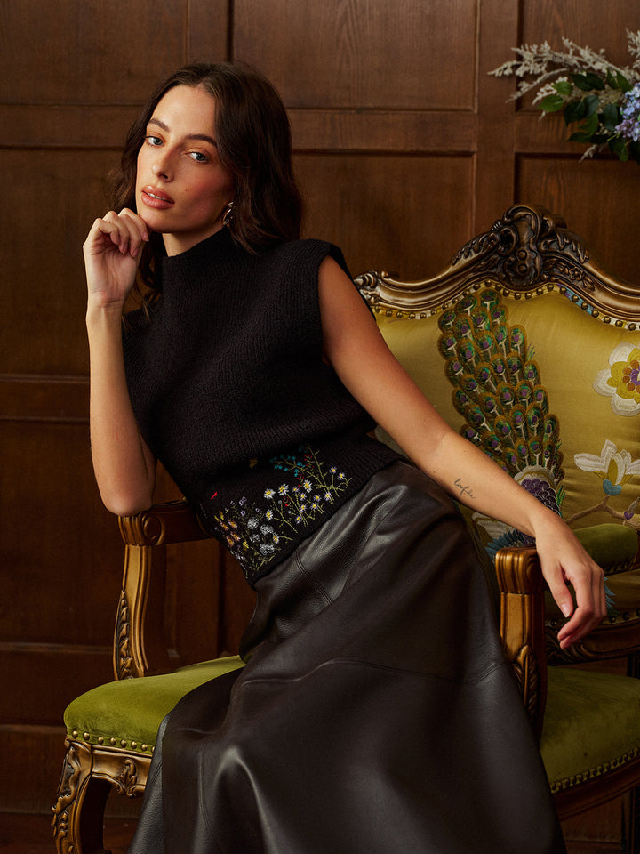 Gilet à col droit avec broderie florale