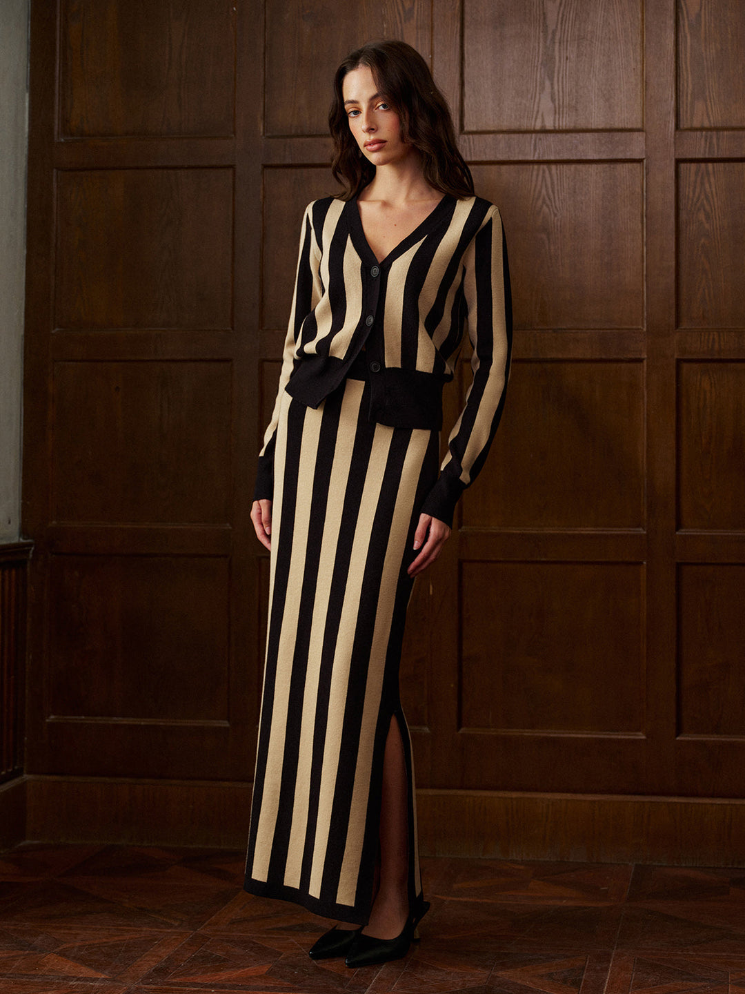 Ensemble Jupe-Jupe Pull à Col en V Rayé Bicolore