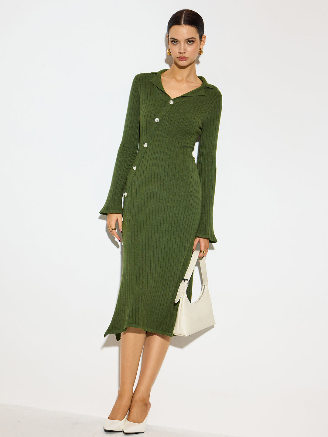 Robe Mi-Longue à Revers en Tricot V-Neck