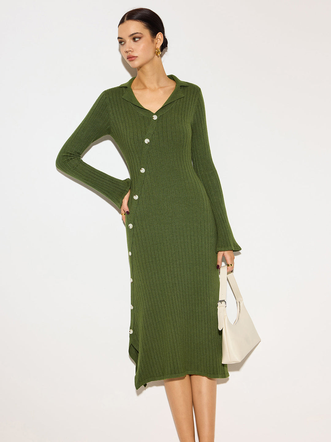 Robe Mi-Longue à Revers en Tricot V-Neck