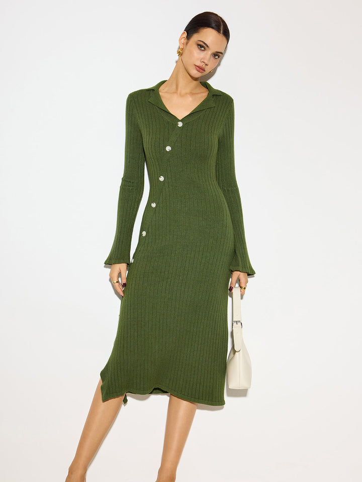Robe Mi-Longue à Revers en Tricot V-Neck