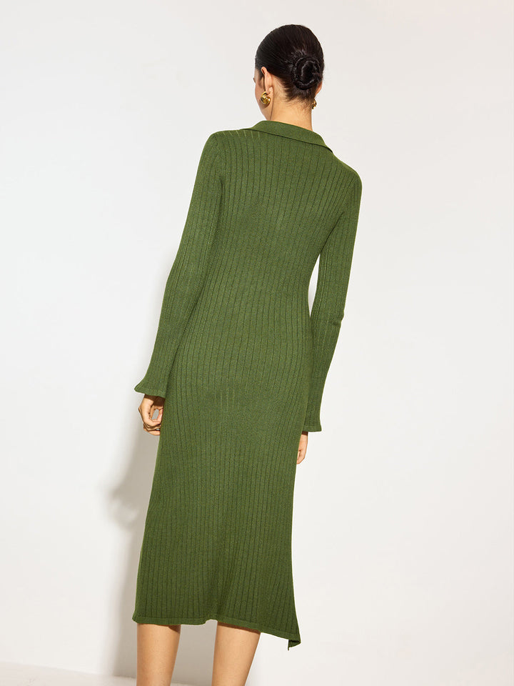 Robe Mi-Longue à Revers en Tricot V-Neck