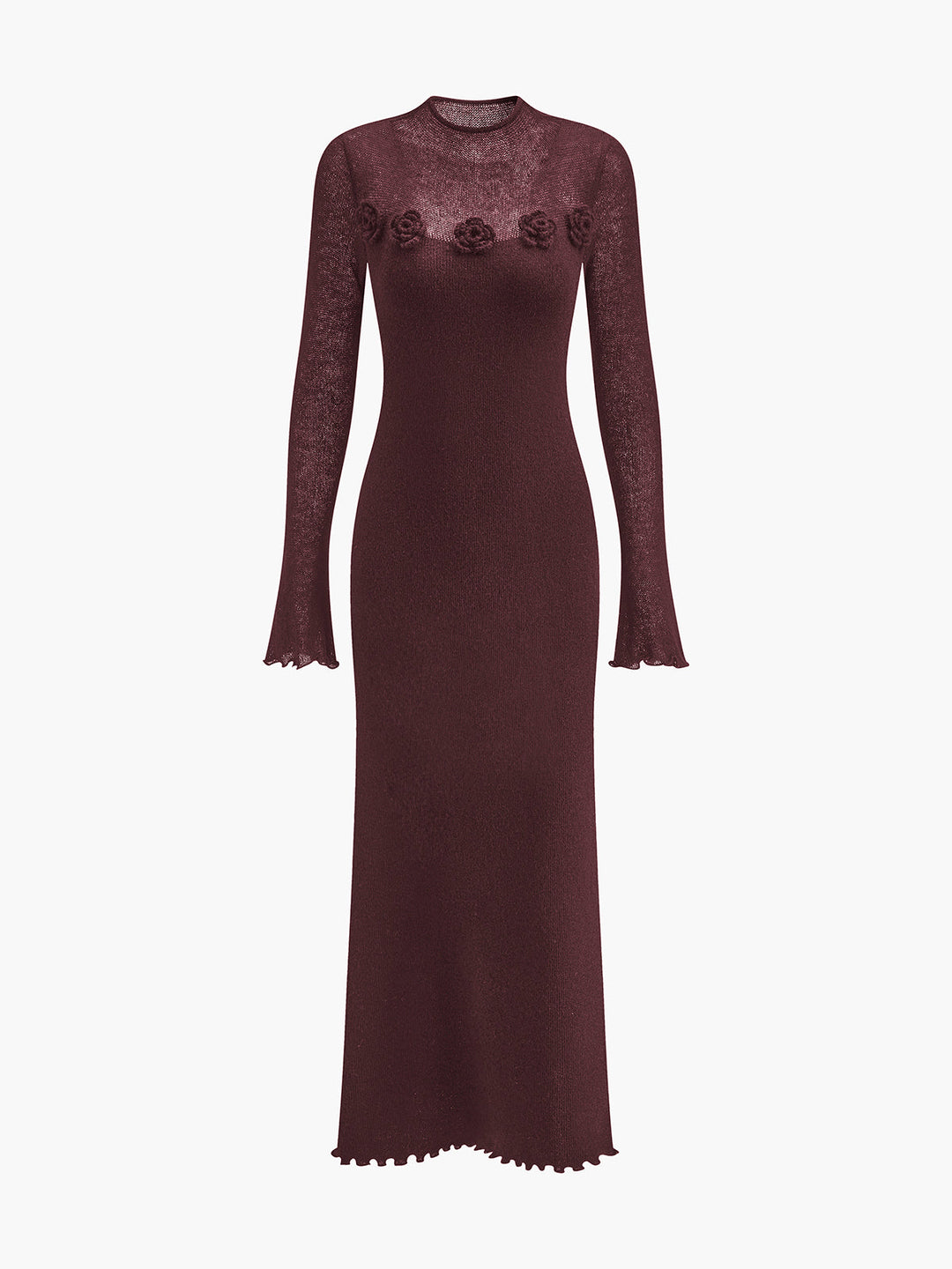Robe Pull en Maille à Fleurs 3D et Bord Festonné en Laine Mélangée