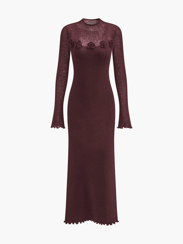 Robe Pull en Maille à Fleurs 3D et Bord Festonné en Laine Mélangée