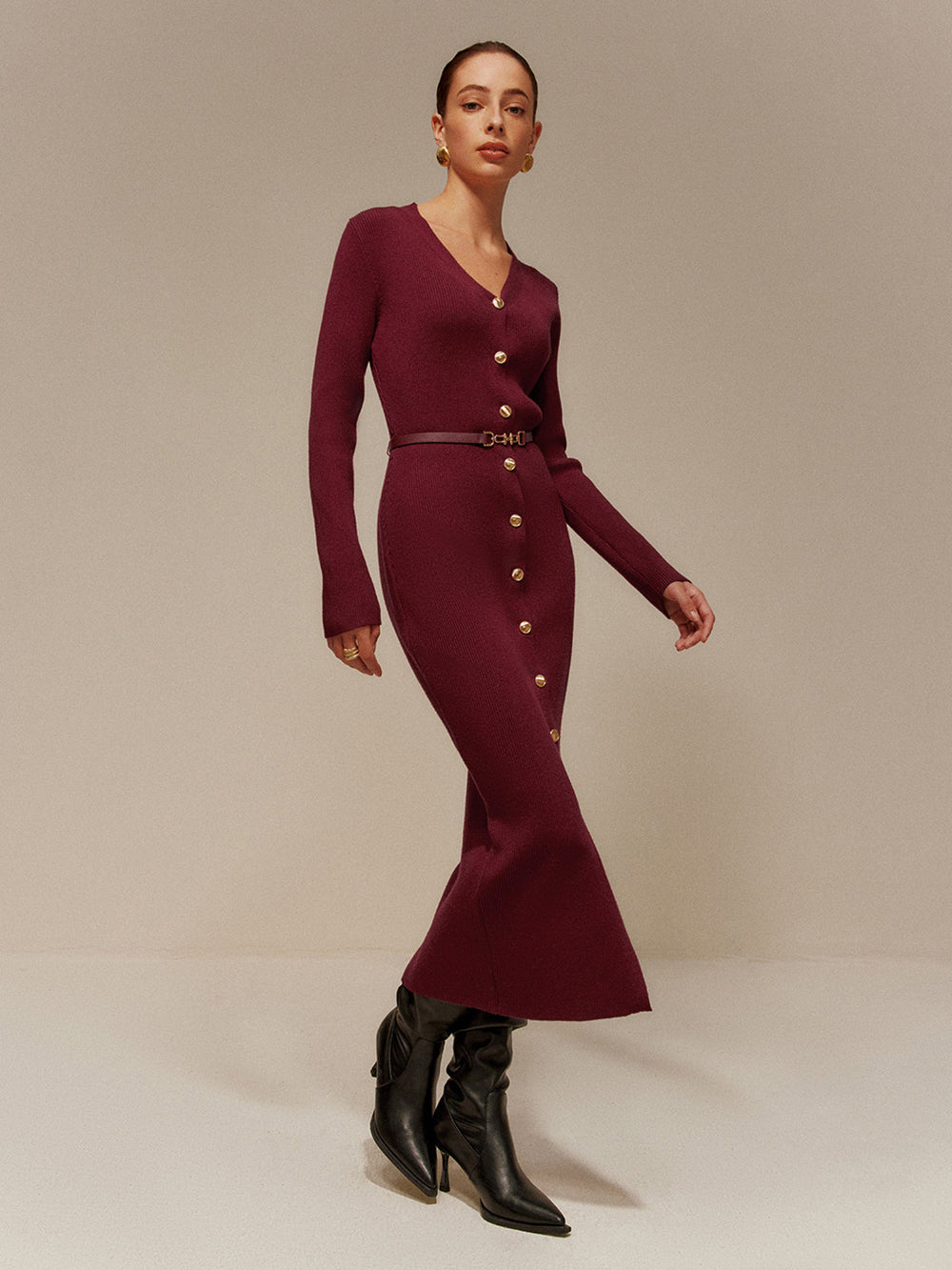 Robe Longue Pull Col en V avec Ceinture