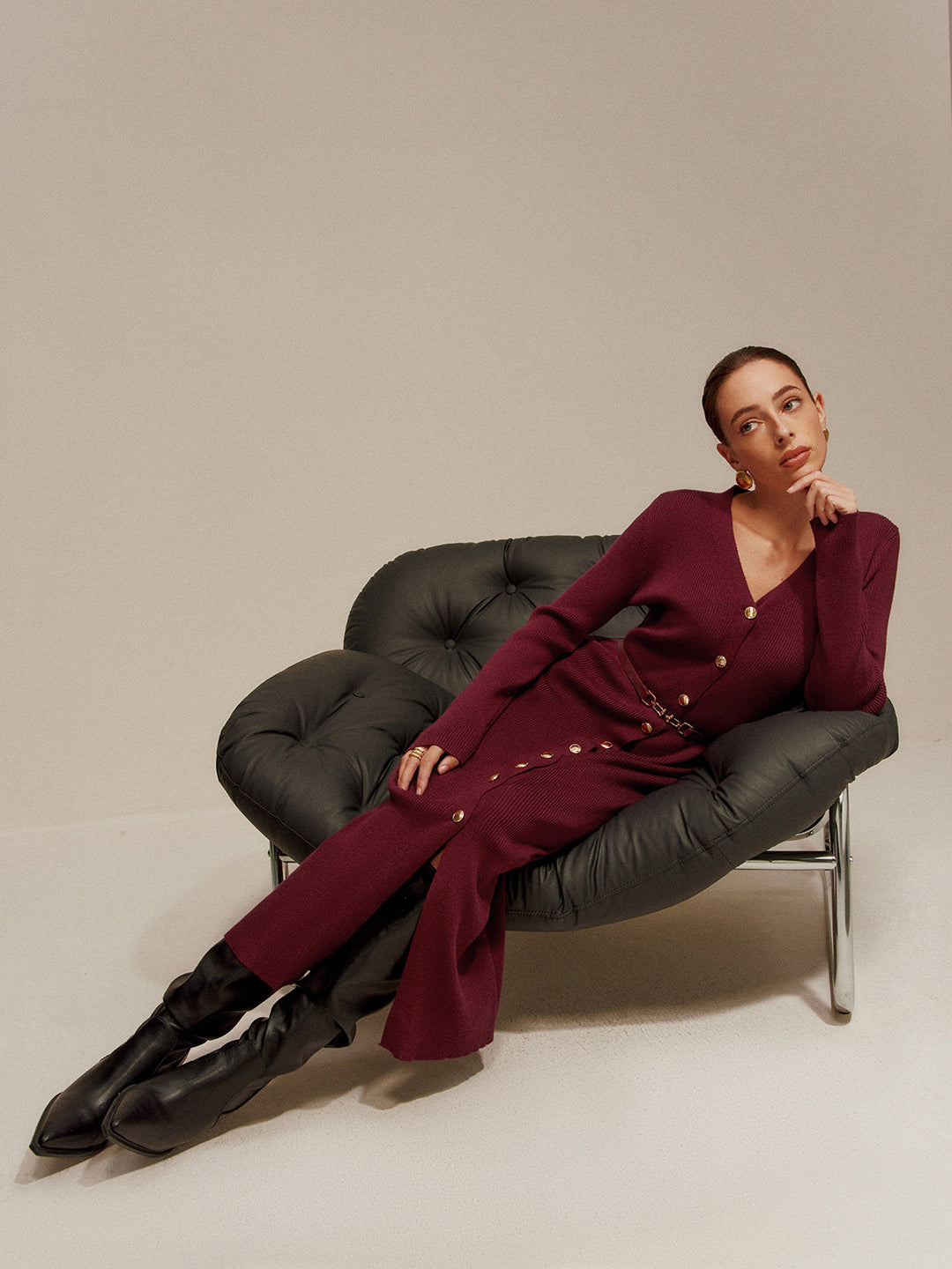 Robe Longue Pull Col en V avec Ceinture