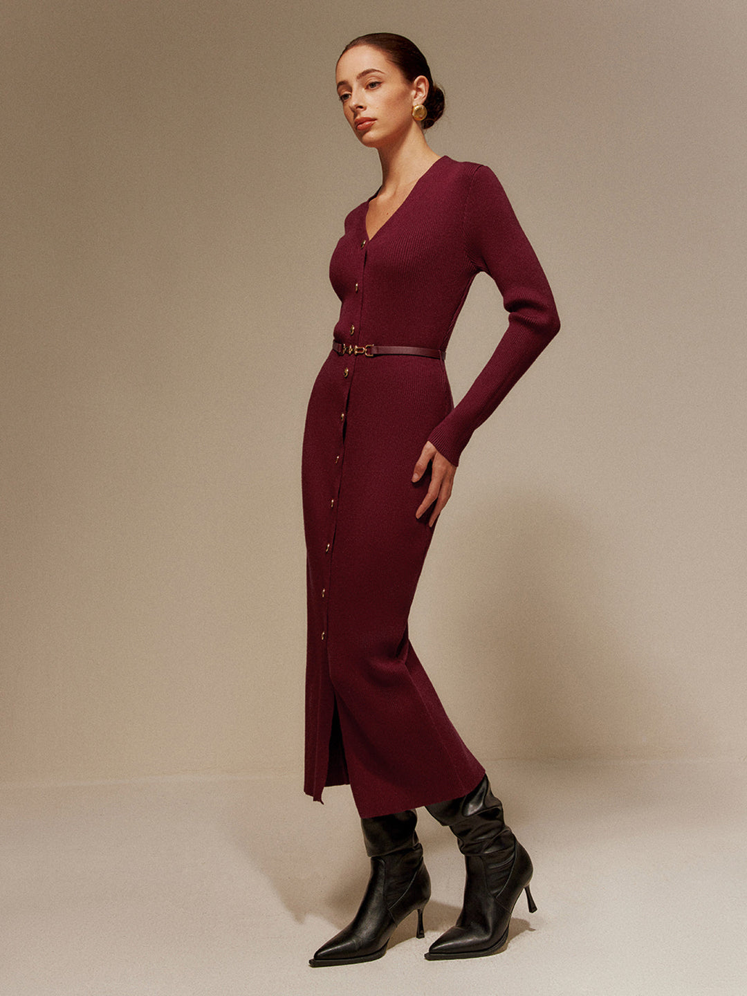 Robe Longue Pull Col en V avec Ceinture
