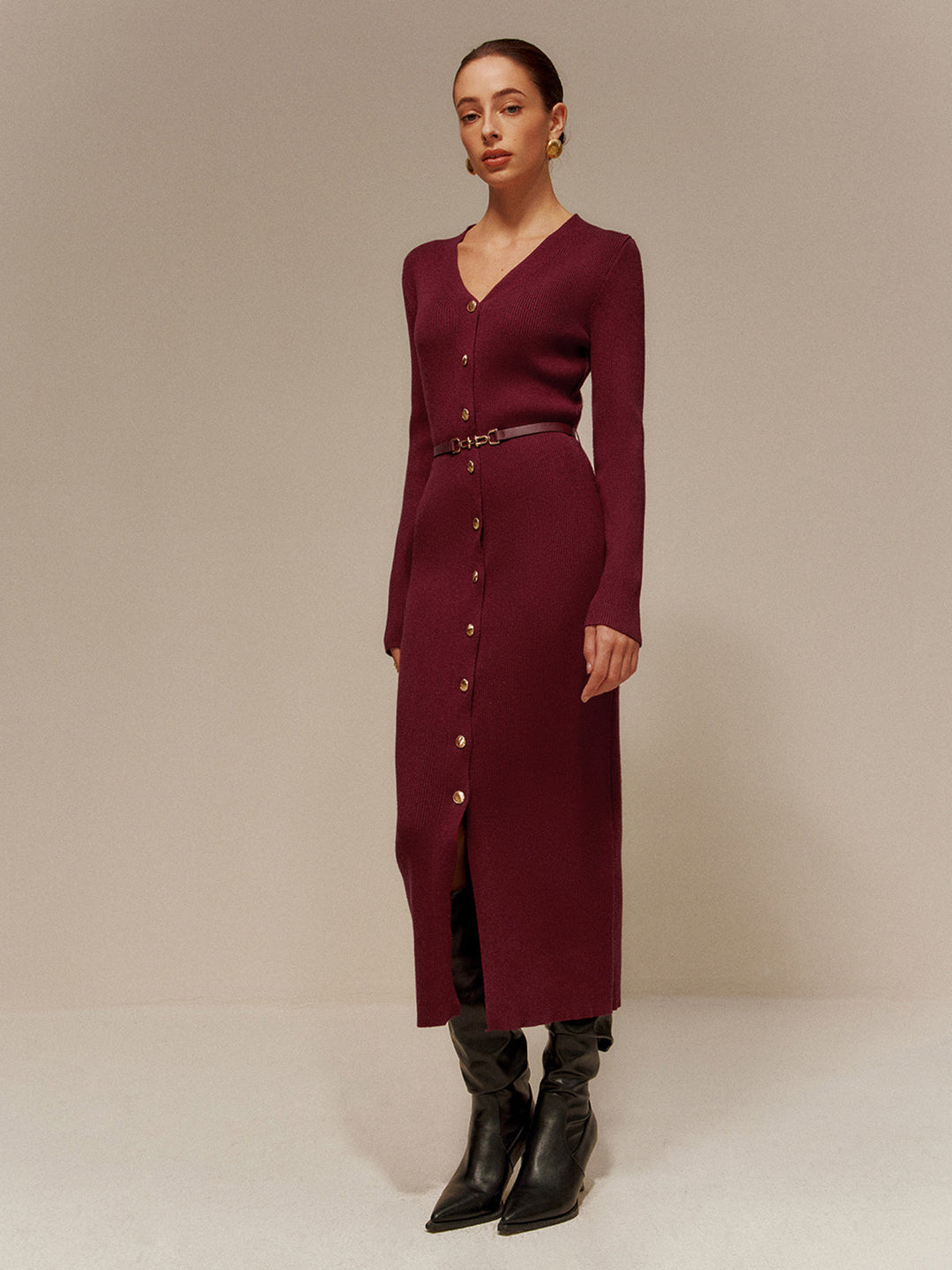Robe Longue Pull Col en V avec Ceinture