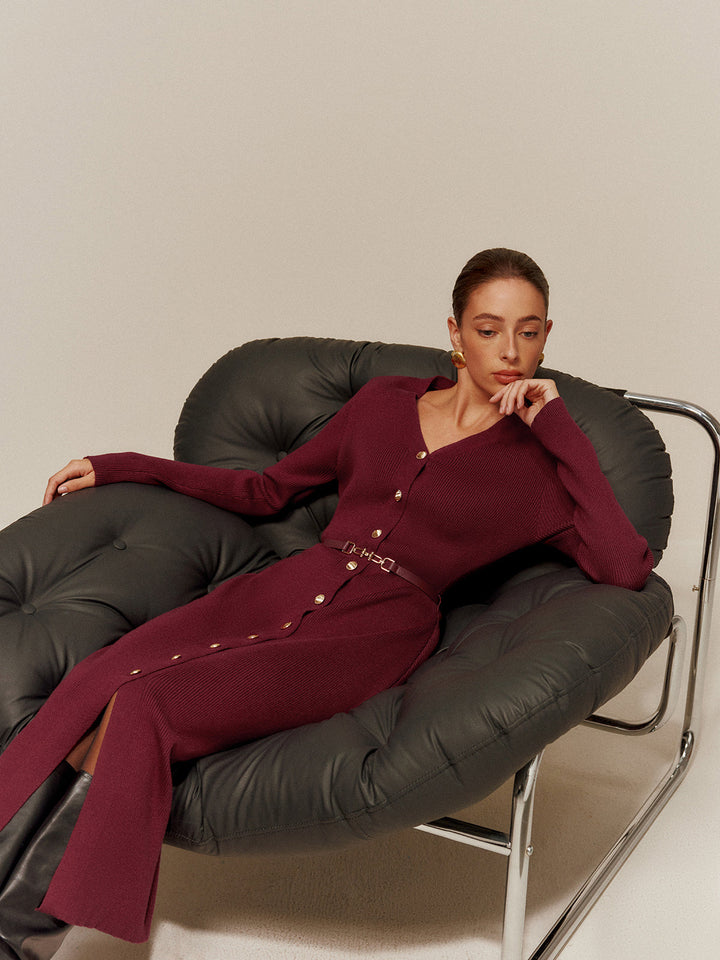 Robe Longue Pull Col en V avec Ceinture