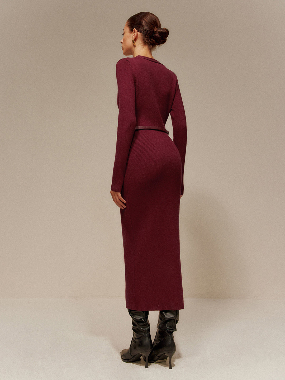 Robe Longue Pull Col en V avec Ceinture