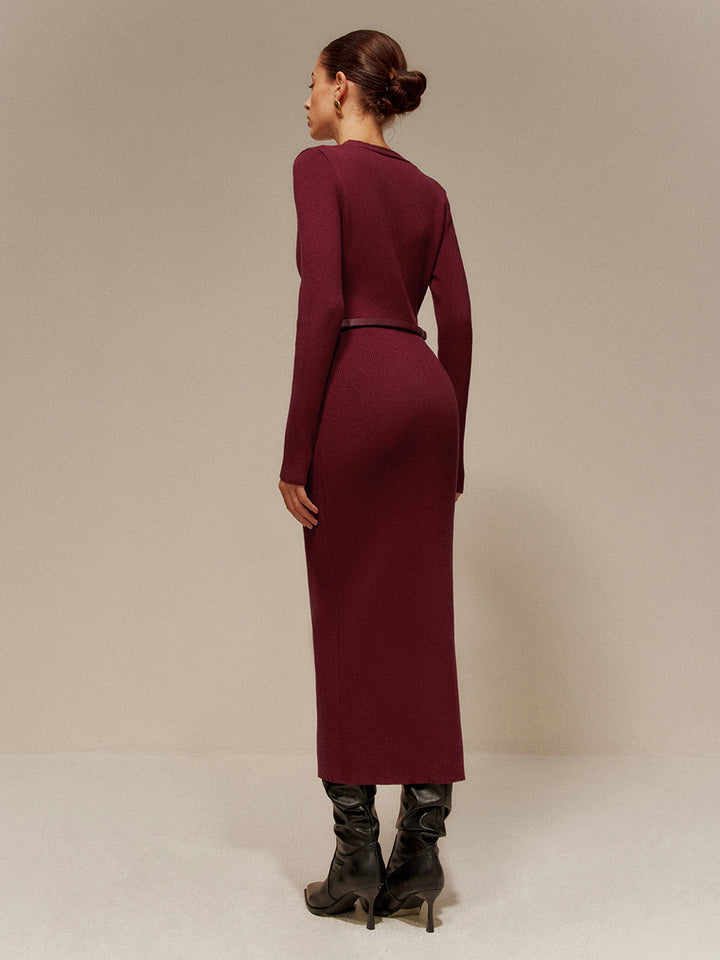 Robe Longue Pull Col en V avec Ceinture