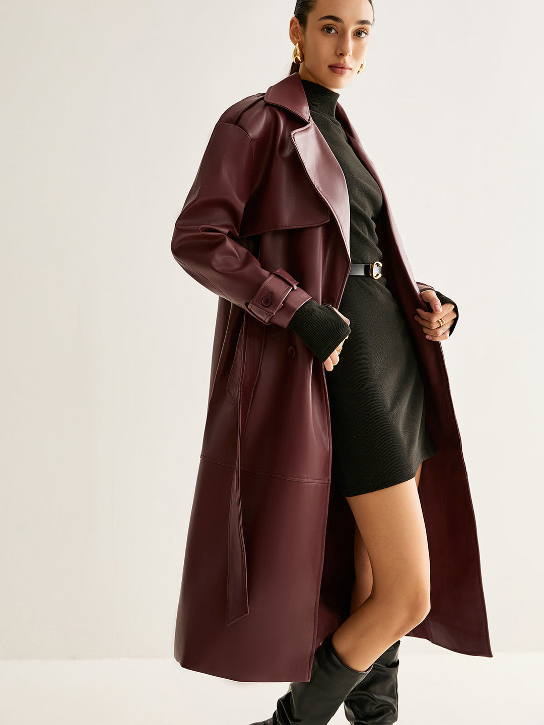 Veste Longue Coupe-Vent en Cuir PU