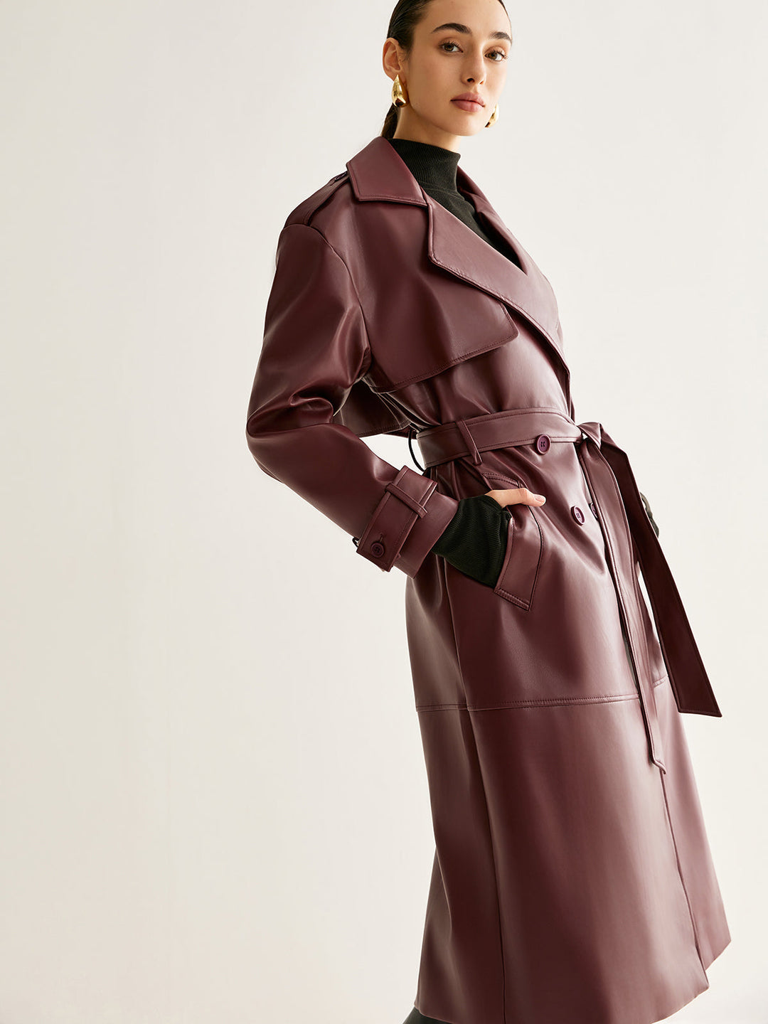 Veste Longue Coupe-Vent en Cuir PU