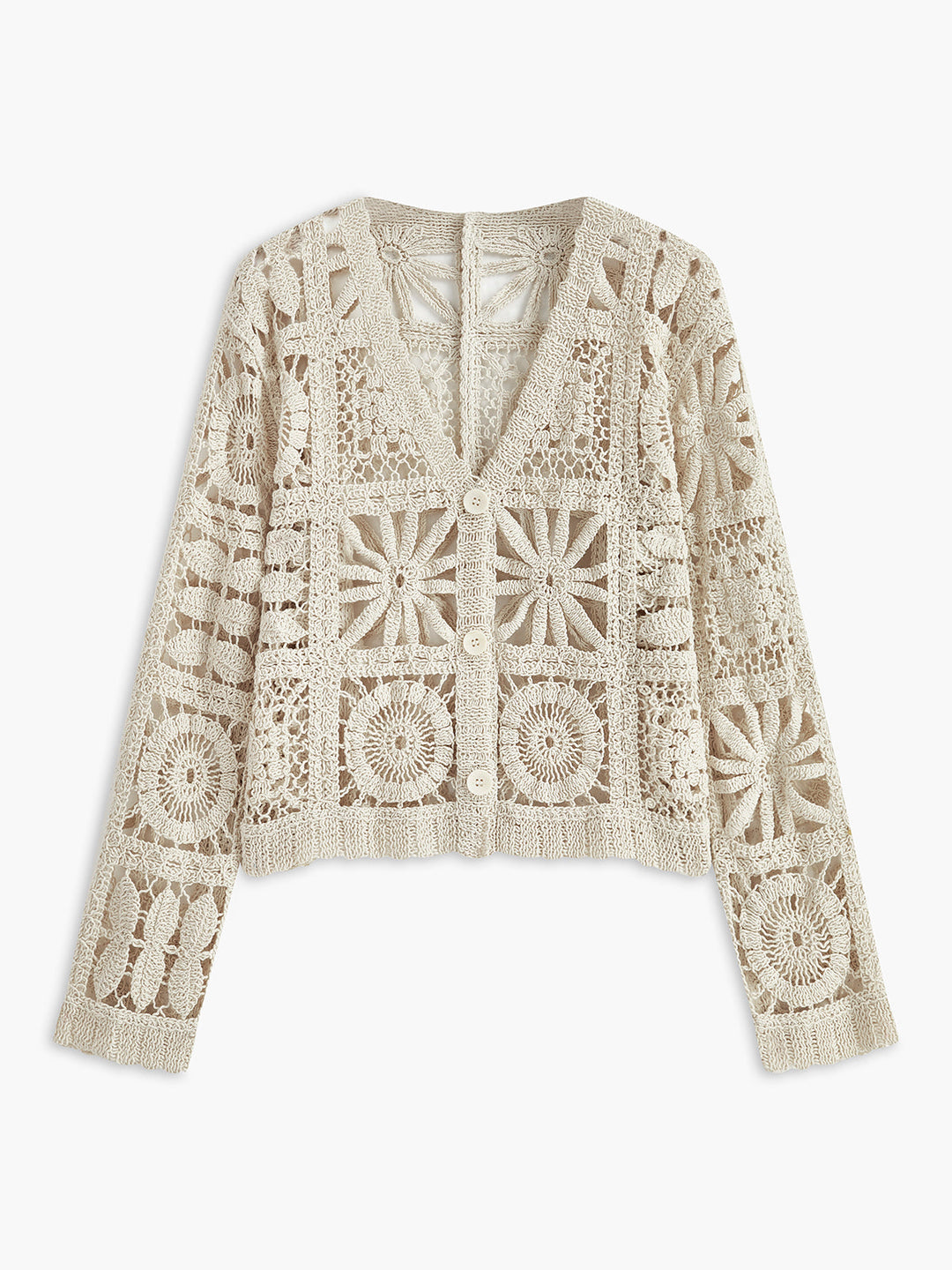 Cardigan à Boutons avec Motif Carré au Crochet